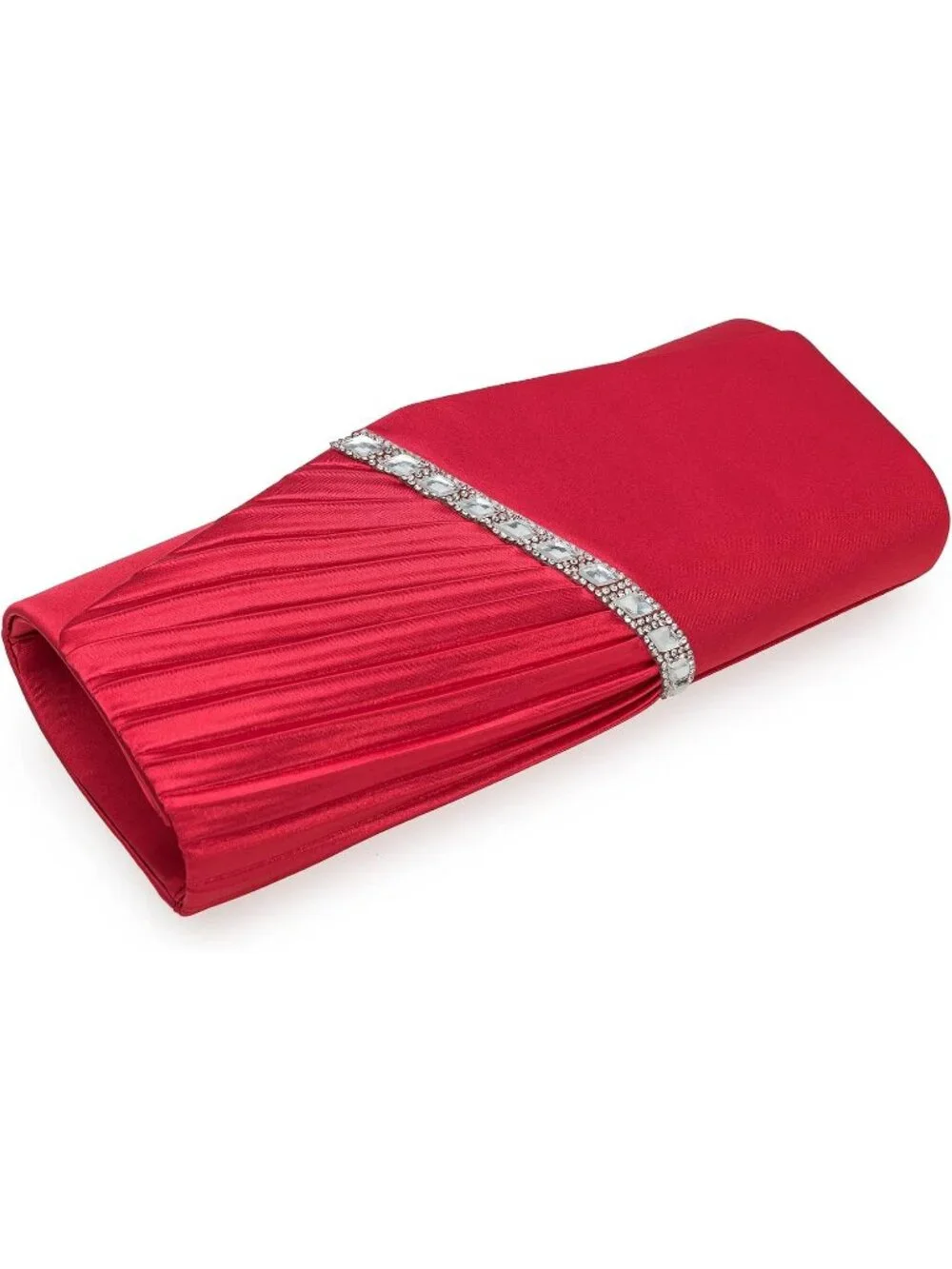 Women's Red Crystal Embellished Pleated Satin Clutch Purse For Evening Bag